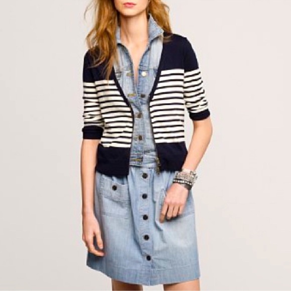 J.crew Black White Stripe Cardigan W/ Zipper, Size S 100% Merino Wool excellent - Picture 1 of 9